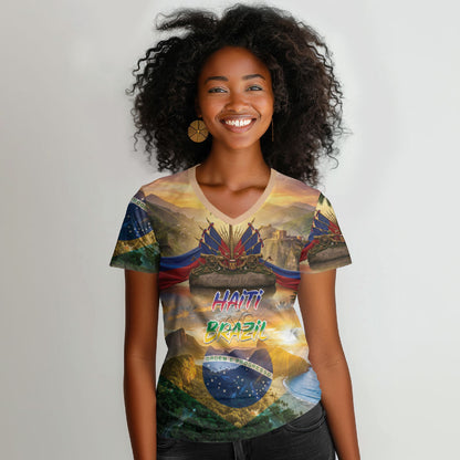 Personalized Brazil Haiti Women V-Neck T-Shirt Heritage Landscape