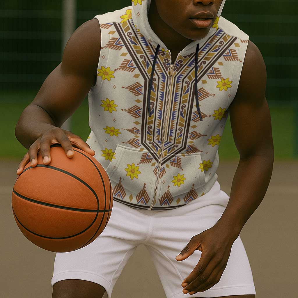 Enkutatash Dashiki Adey Abeba Pattern Sleeveless Zip Hoodie - African Pride