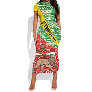 Ethiopia Christmas Short Sleeve Bodycon Dress - Melkam Gena with African Pattern LT01