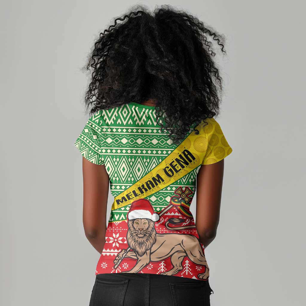 Ethiopia Christmas Women V-Neck T-Shirt - Melkam Gena with African Pattern