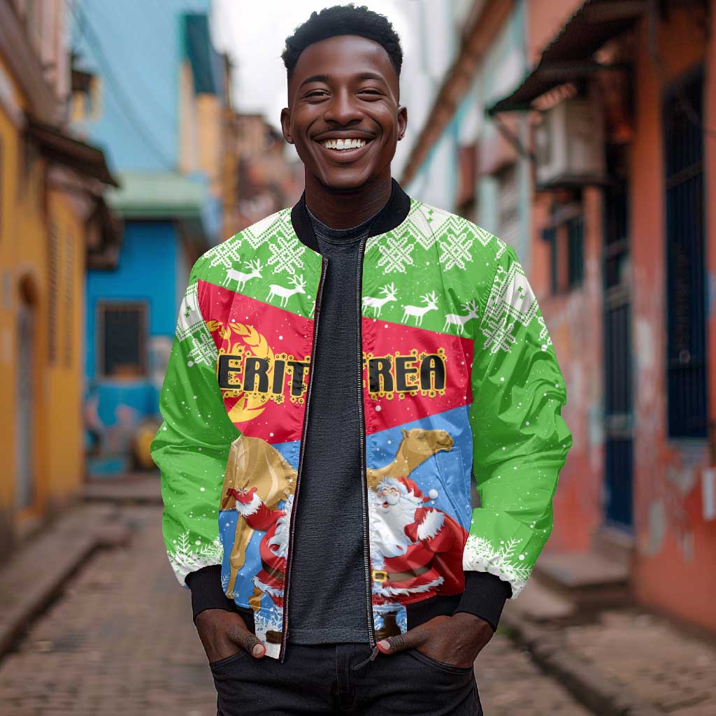 Custom Eritrea Christmas Bomber Jacket with Santa Claus and Dromedary Camel