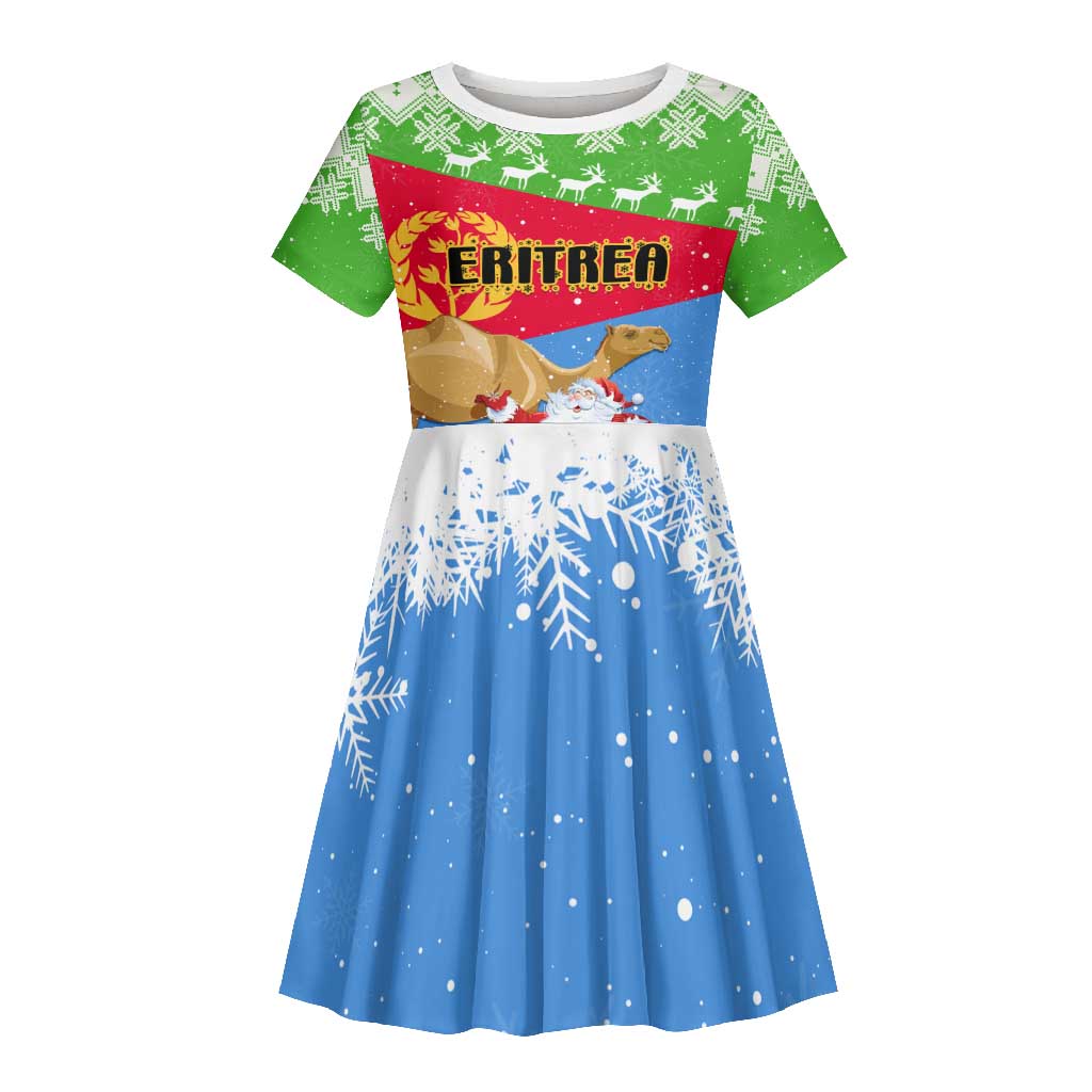 Custom Eritrea Christmas Kid Short Sleeve Dress with Santa Claus and Dromedary Camel