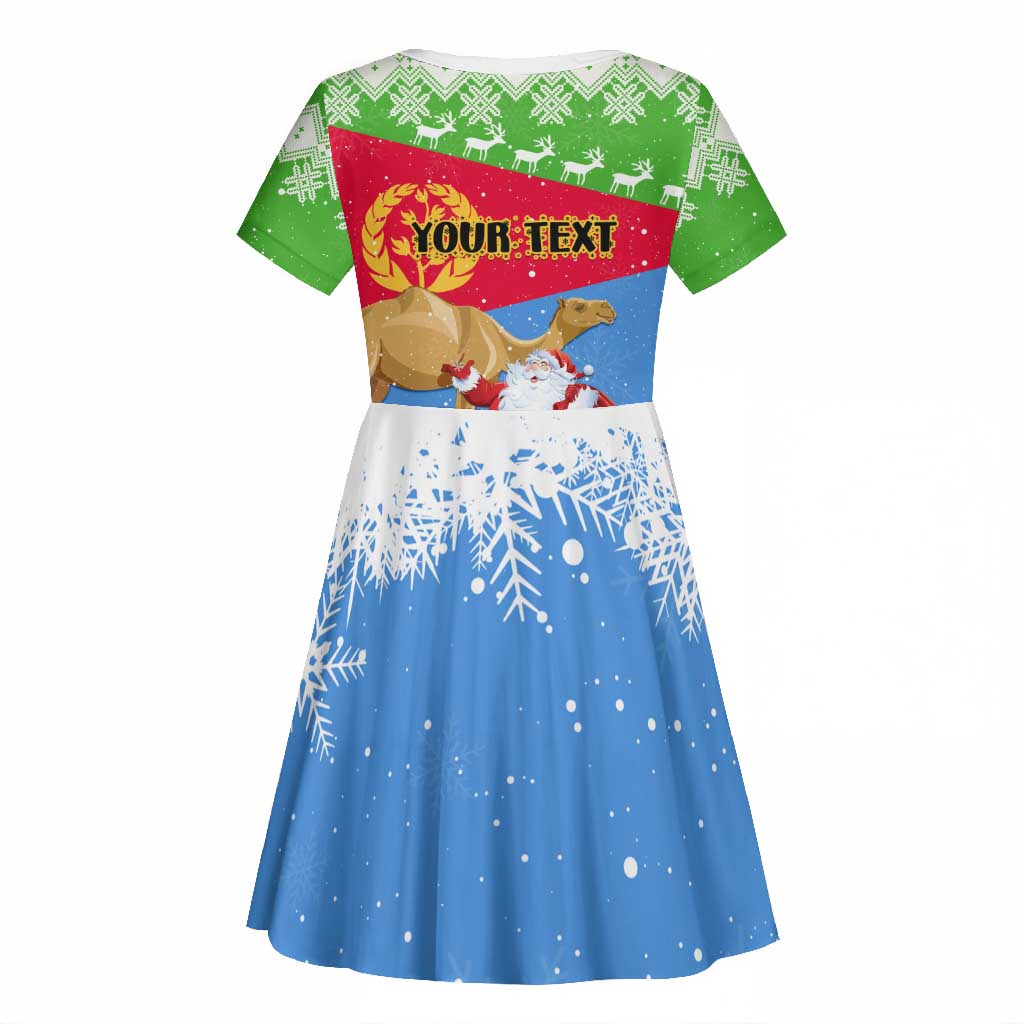 Custom Eritrea Christmas Kid Short Sleeve Dress with Santa Claus and Dromedary Camel