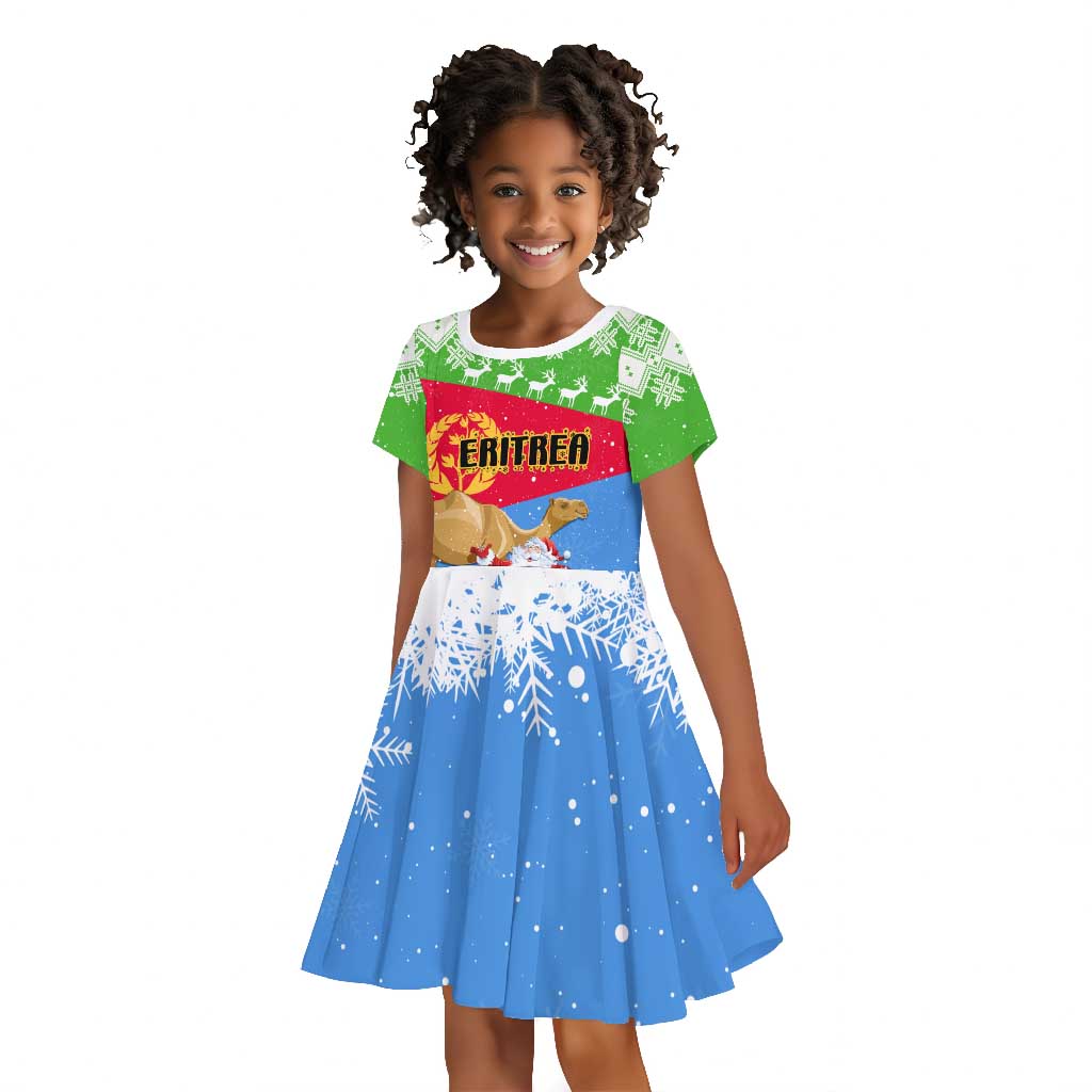 Custom Eritrea Christmas Kid Short Sleeve Dress with Santa Claus and Dromedary Camel