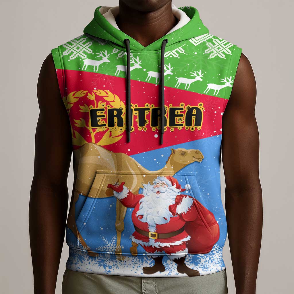 Custom Eritrea Christmas Sleeveless Hoodie with Santa Claus and Dromedary Camel - African Pride