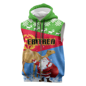 Custom Eritrea Christmas Sleeveless Zip Hoodie with Santa Claus and Dromedary Camel - African Pride