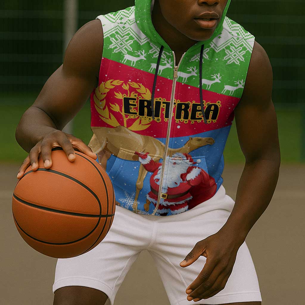 Custom Eritrea Christmas Sleeveless Zip Hoodie with Santa Claus and Dromedary Camel - African Pride