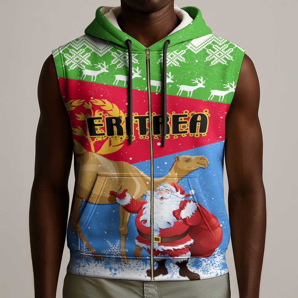 Custom Eritrea Christmas Sleeveless Zip Hoodie with Santa Claus and Dromedary Camel - African Pride