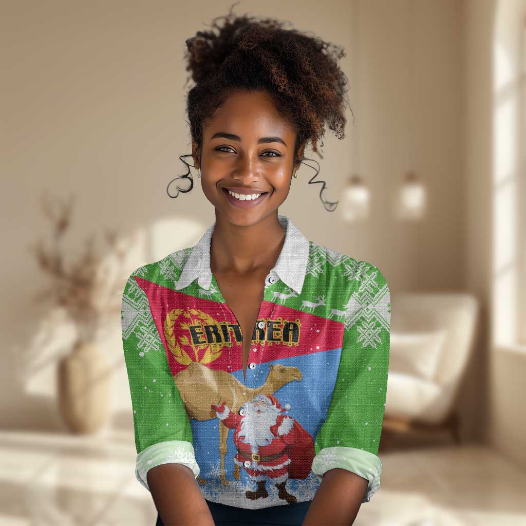 Custom Eritrea Christmas Women Casual Shirt with Santa Claus and Dromedary Camel LT01