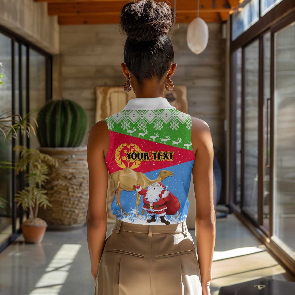 Custom Eritrea Christmas Women Sleeveless Polo Shirt with Santa Claus and Dromedary Camel