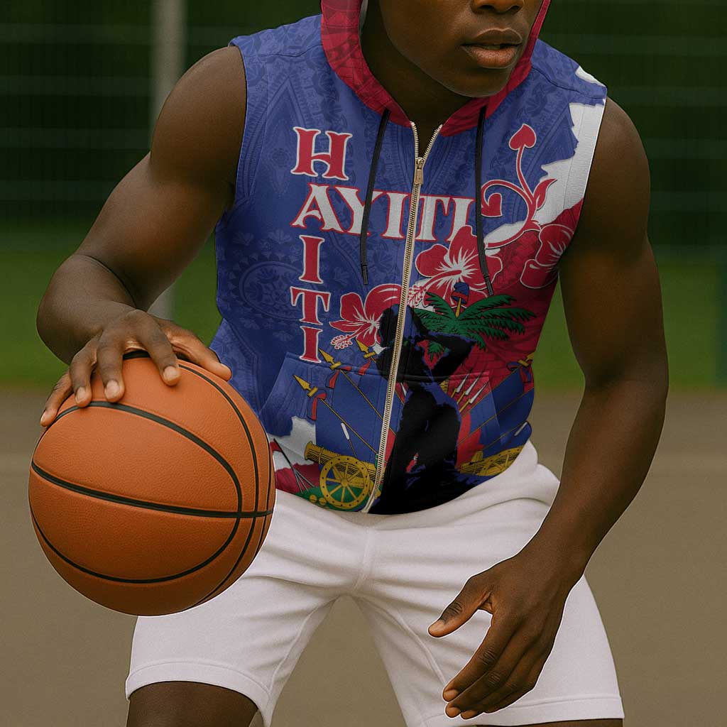 Personalised Afro Haiti Le Marron Inconnu Sleeveless Zip Hoodie Dashiki Mix Polynesian Pattern - African Pride