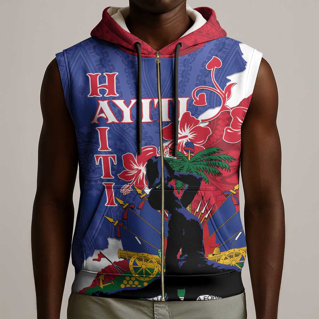 Personalised Afro Haiti Le Marron Inconnu Sleeveless Zip Hoodie Dashiki Mix Polynesian Pattern - African Pride