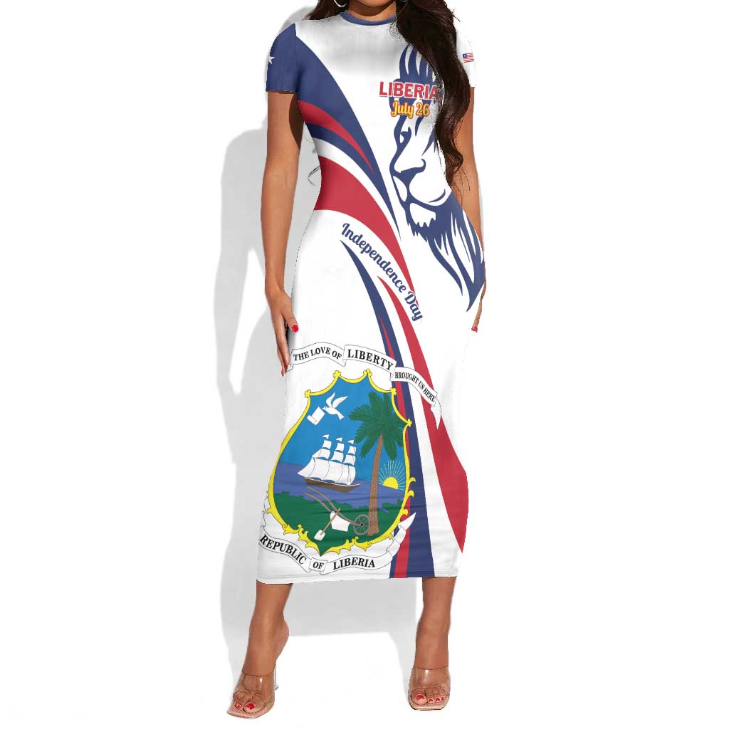 Liberia Independence Day Short Sleeve Bodycon Dress July 26 Lion Coat of Arms LT01