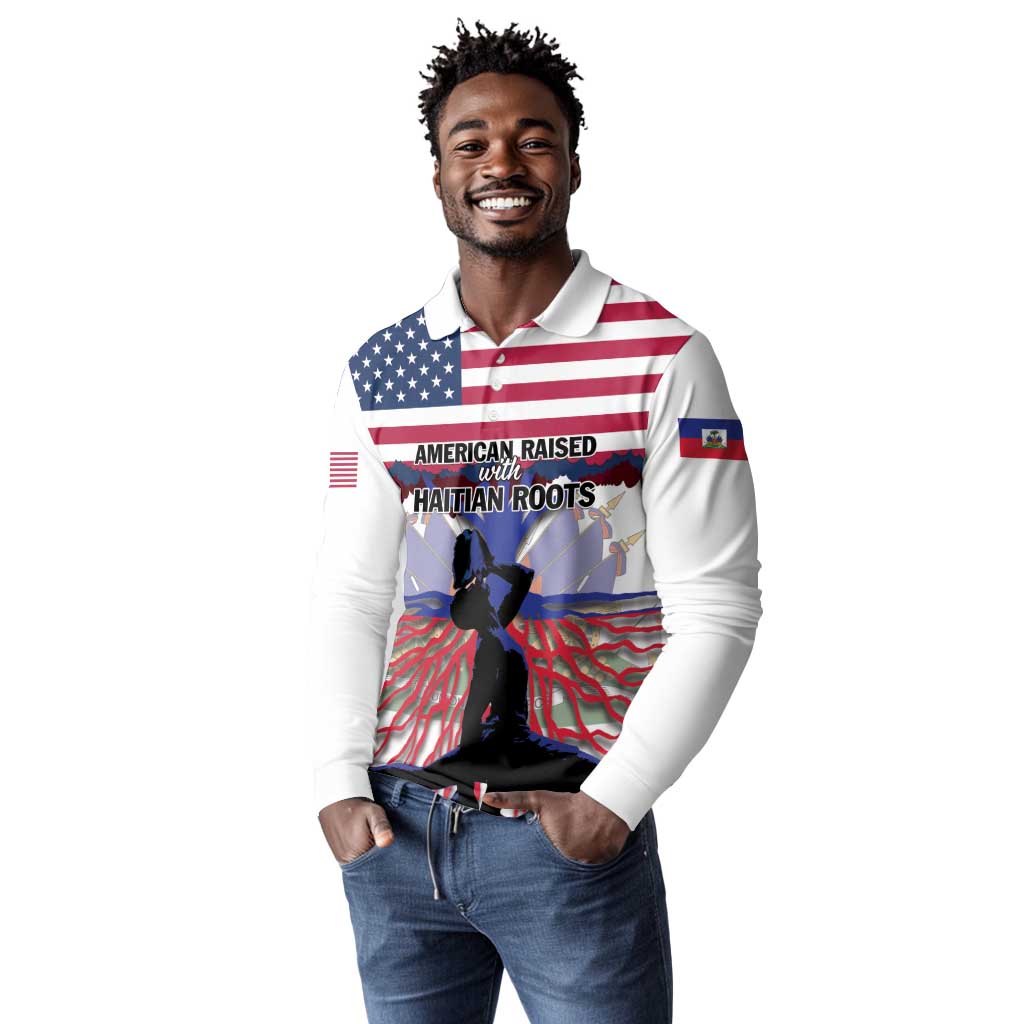 Afro Haiti Heritage Month 2025 Long Sleeve Polo Shirt American Raised With Haitian Roots