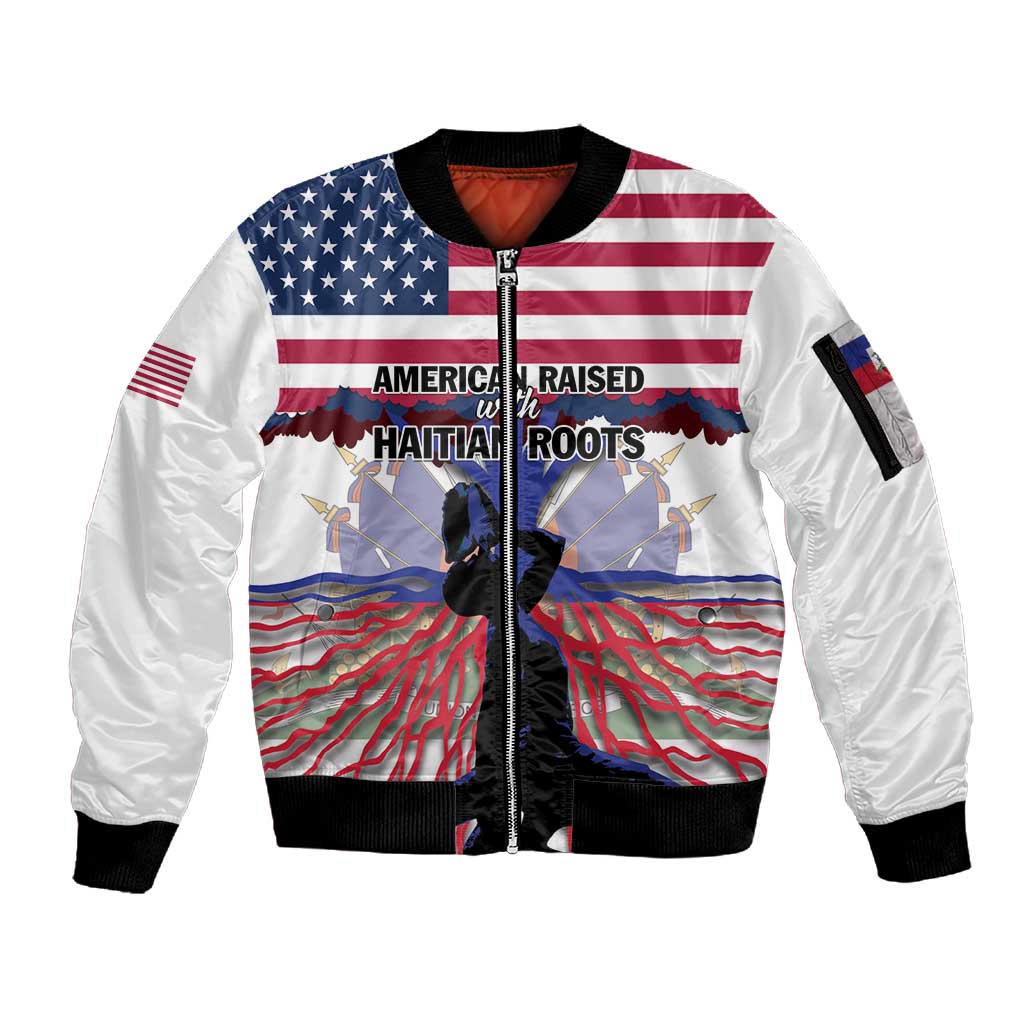 Afro Haiti Heritage Month 2025 Sleeve Zip Bomber Jacket American Raised With Haitian Roots