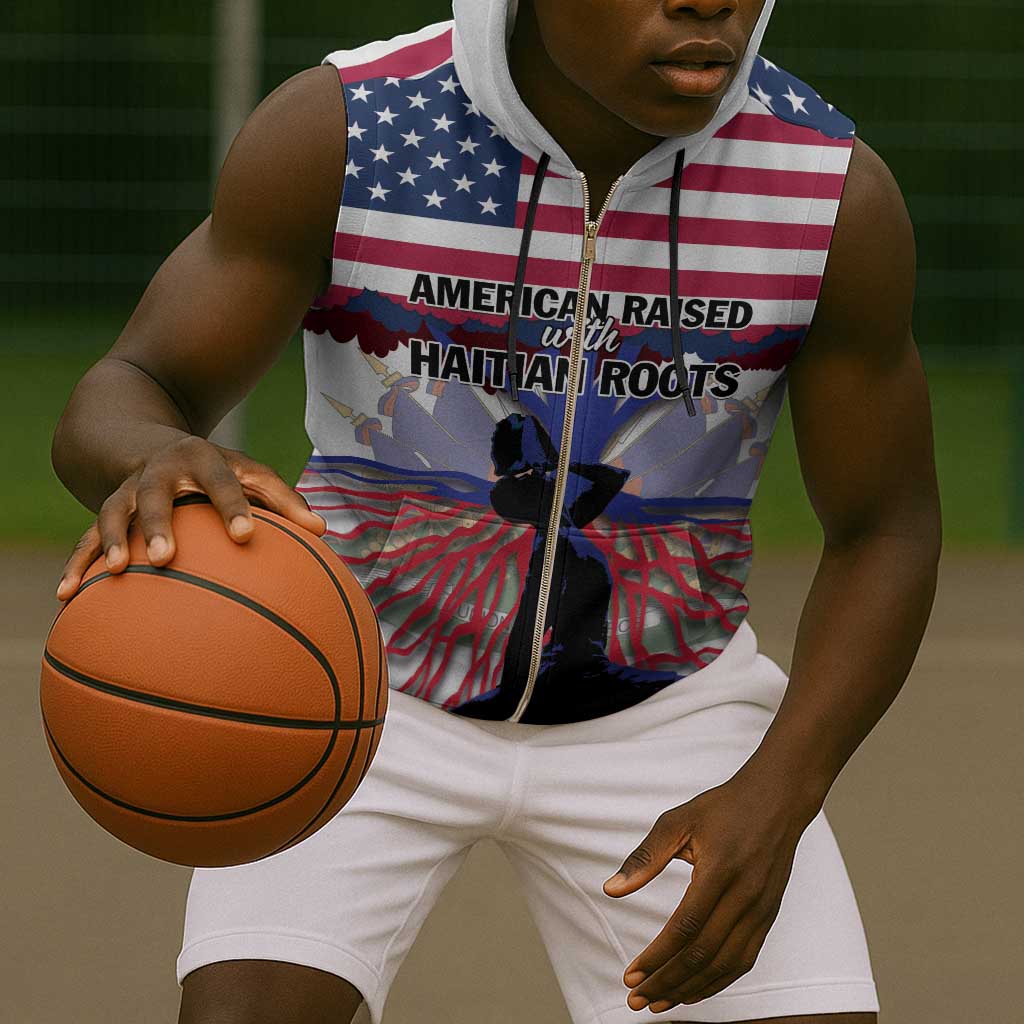 Afro Haiti Heritage Month 2025 Sleeveless Zip Hoodie American Raised With Haitian Roots - African Pride