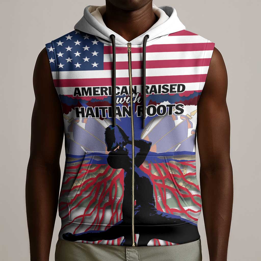 Afro Haiti Heritage Month 2025 Sleeveless Zip Hoodie American Raised With Haitian Roots - African Pride