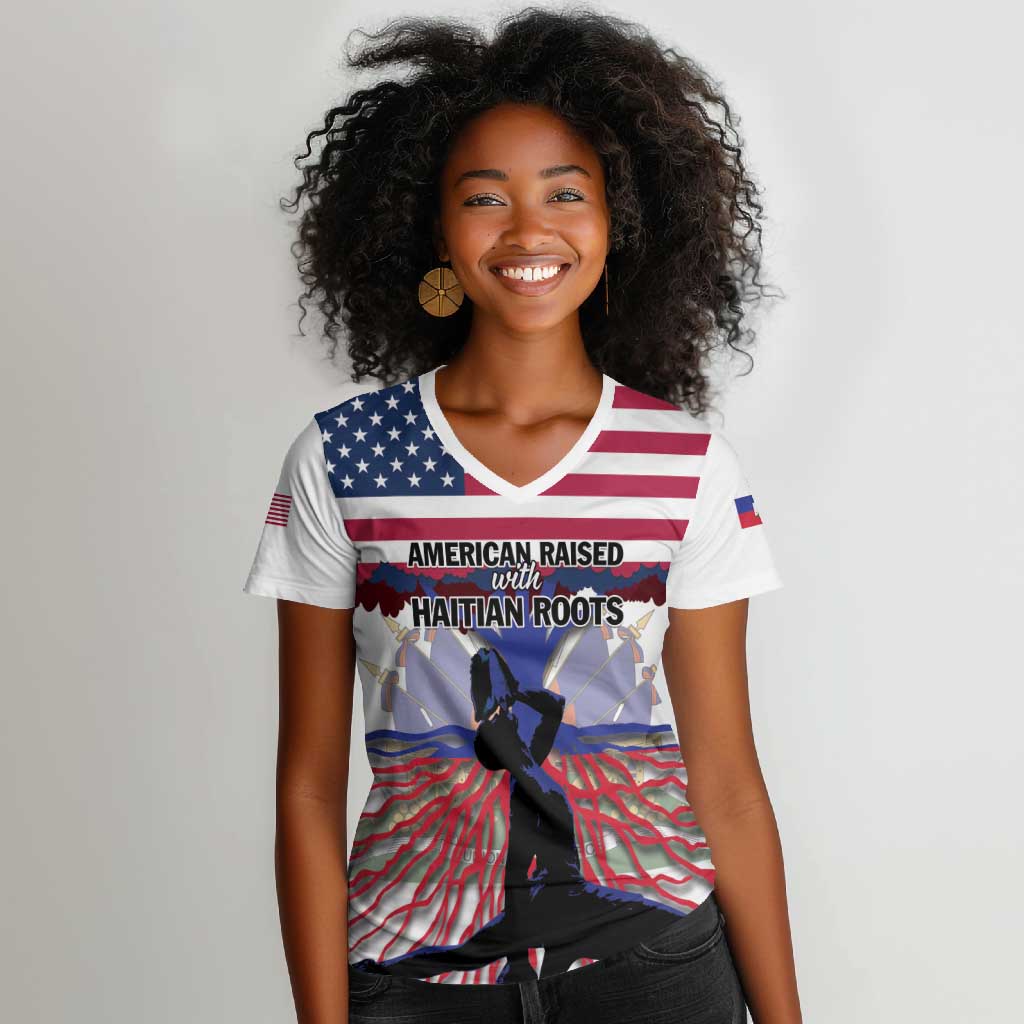 Afro Haiti Heritage Month 2025 Women V-Neck T-Shirt American Raised With Haitian Roots