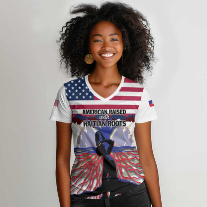 Afro Haiti Heritage Month 2025 Women V-Neck T-Shirt American Raised With Haitian Roots