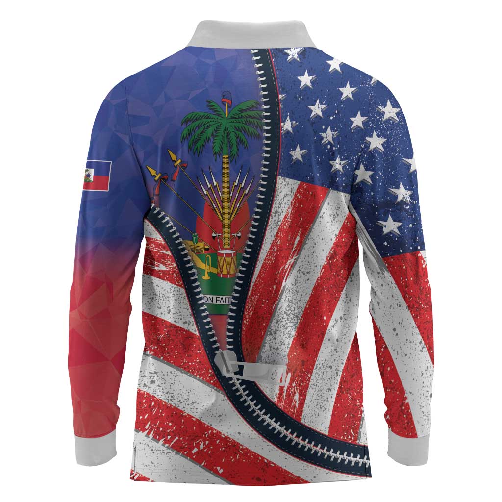 Haitian Americans Zipper Stylized Long Sleeve Polo Shirt Haiti Heritage Month 2025