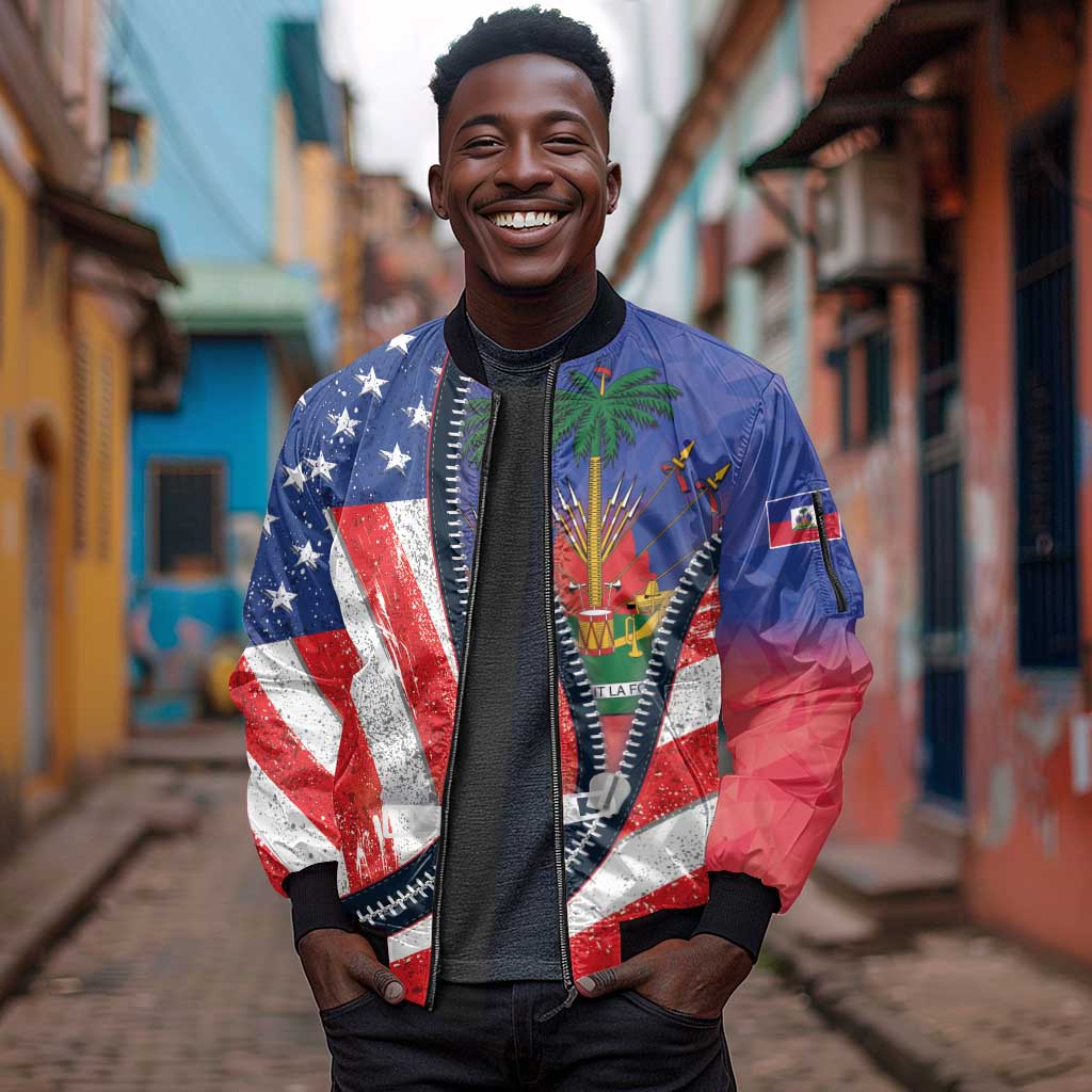 Haitian Americans Zipper Stylized Sleeve Zip Bomber Jacket Haiti Heritage Month 2025