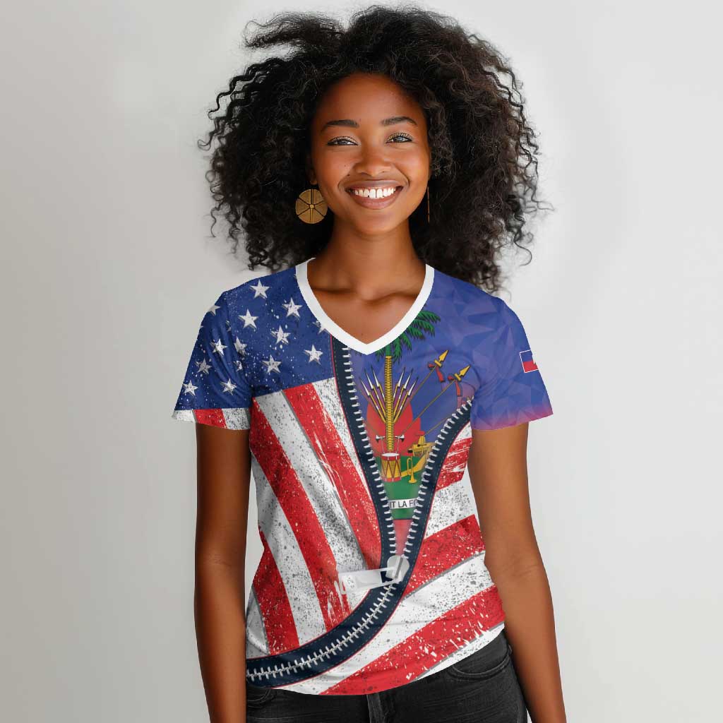 Haitian Americans Zipper Stylized Women V-Neck T-Shirt Haiti Heritage Month 2025