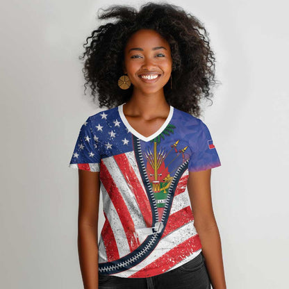 Haitian Americans Zipper Stylized Women V-Neck T-Shirt Haiti Heritage Month 2025