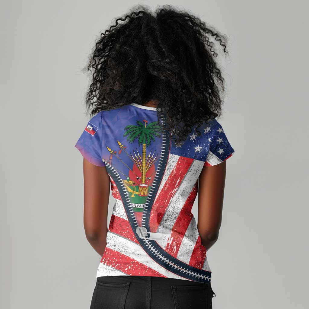 Haitian Americans Zipper Stylized Women V-Neck T-Shirt Haiti Heritage Month 2025