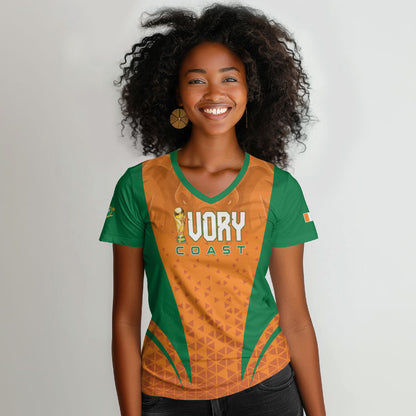 Custom Ivory Coast 2026 World Football Women V-Neck T-Shirt Elephants Go Champions