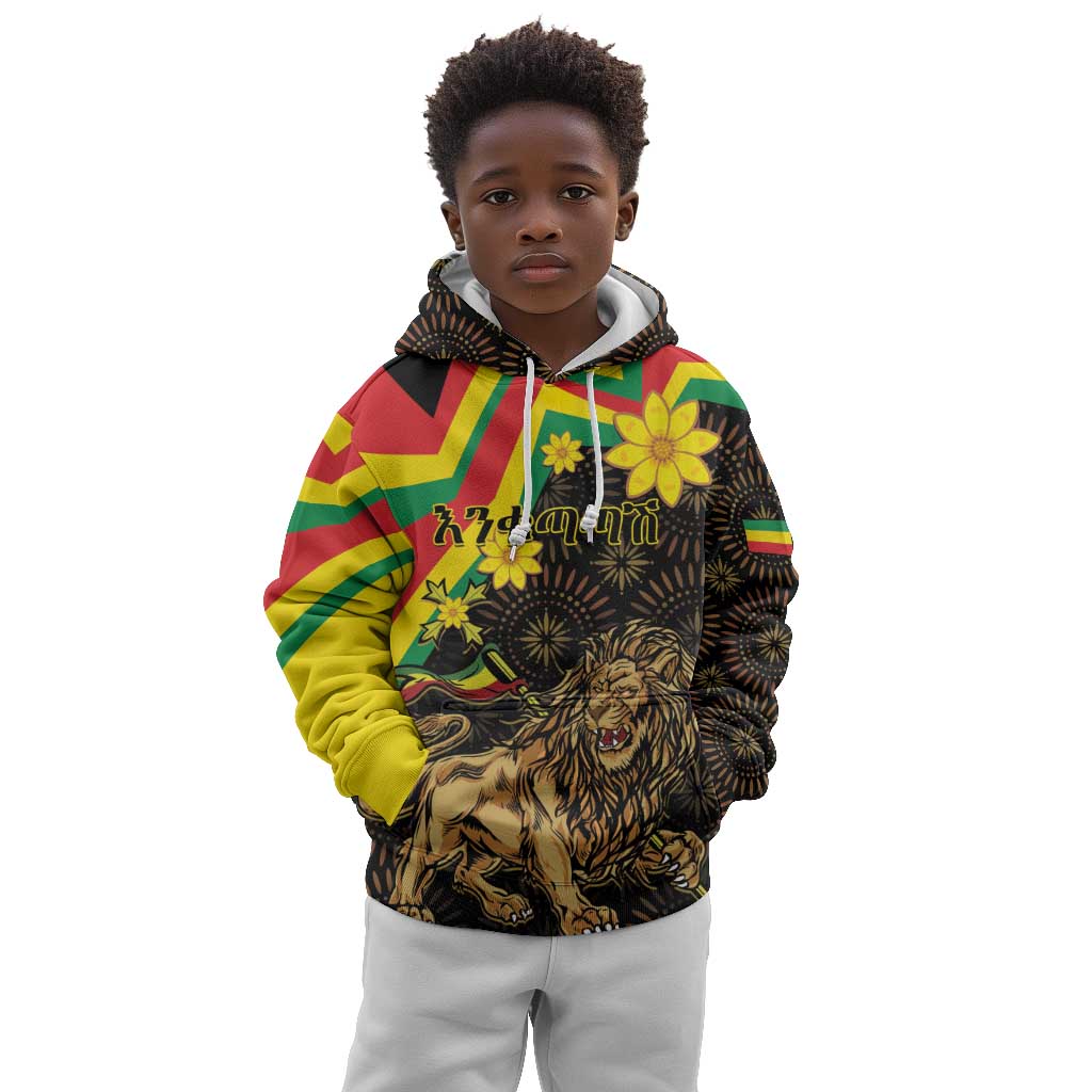 Enkutatash Ethiopia New Year Kid Hoodie Lion of Judah Adey Abeba Flower
