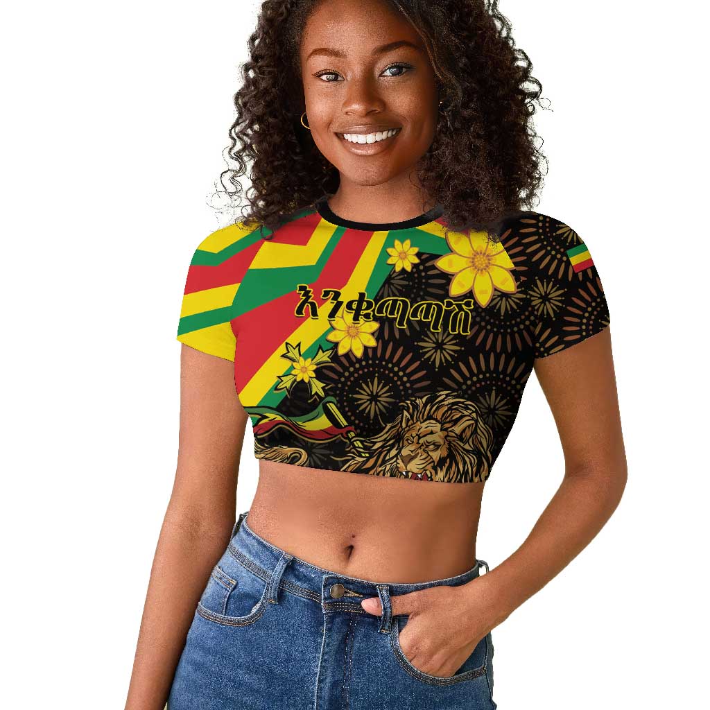 Enkutatash Ethiopia New Year Raglan Cropped T shirt Lion of Judah Adey Abeba Flower