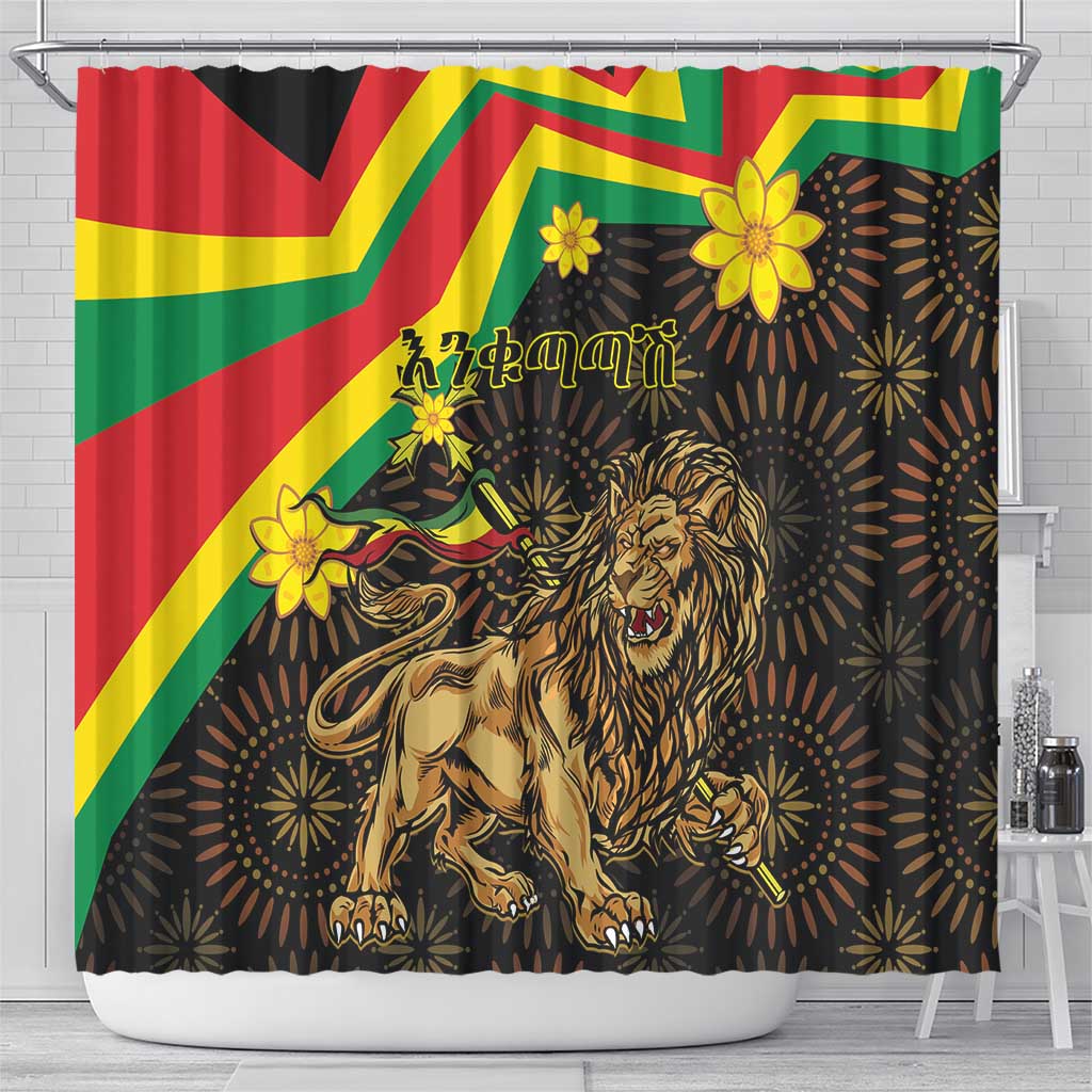 Enkutatash Ethiopia New Year Shower Curtain Lion of Judah Adey Abeba Flower