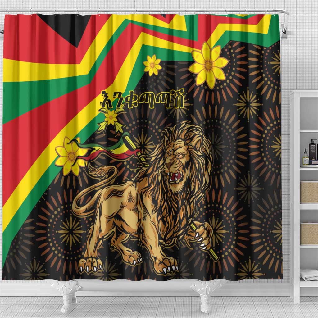 Enkutatash Ethiopia New Year Shower Curtain Lion of Judah Adey Abeba Flower