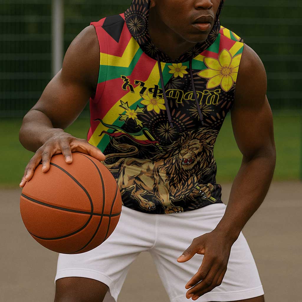 Enkutatash Ethiopia New Year Sleeveless Hoodie Lion of Judah Adey Abeba Flower - African Pride
