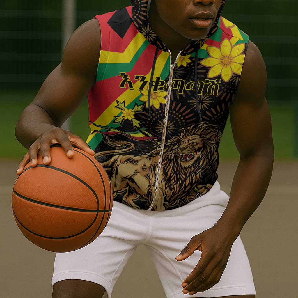 Enkutatash Ethiopia New Year Sleeveless Zip Hoodie Lion of Judah Adey Abeba Flower - African Pride
