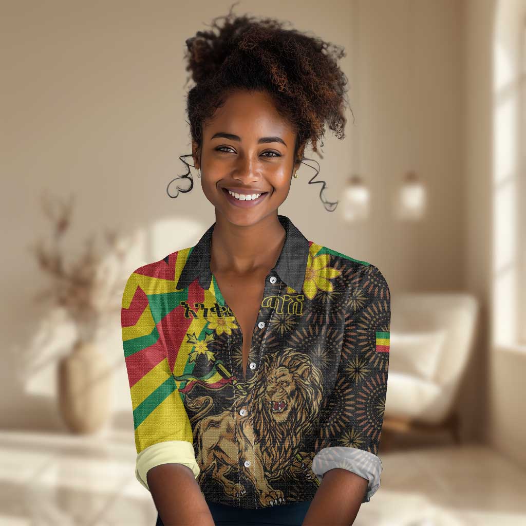 Enkutatash Ethiopia New Year Women Casual Shirt Lion of Judah Adey Abeba Flower LT01
