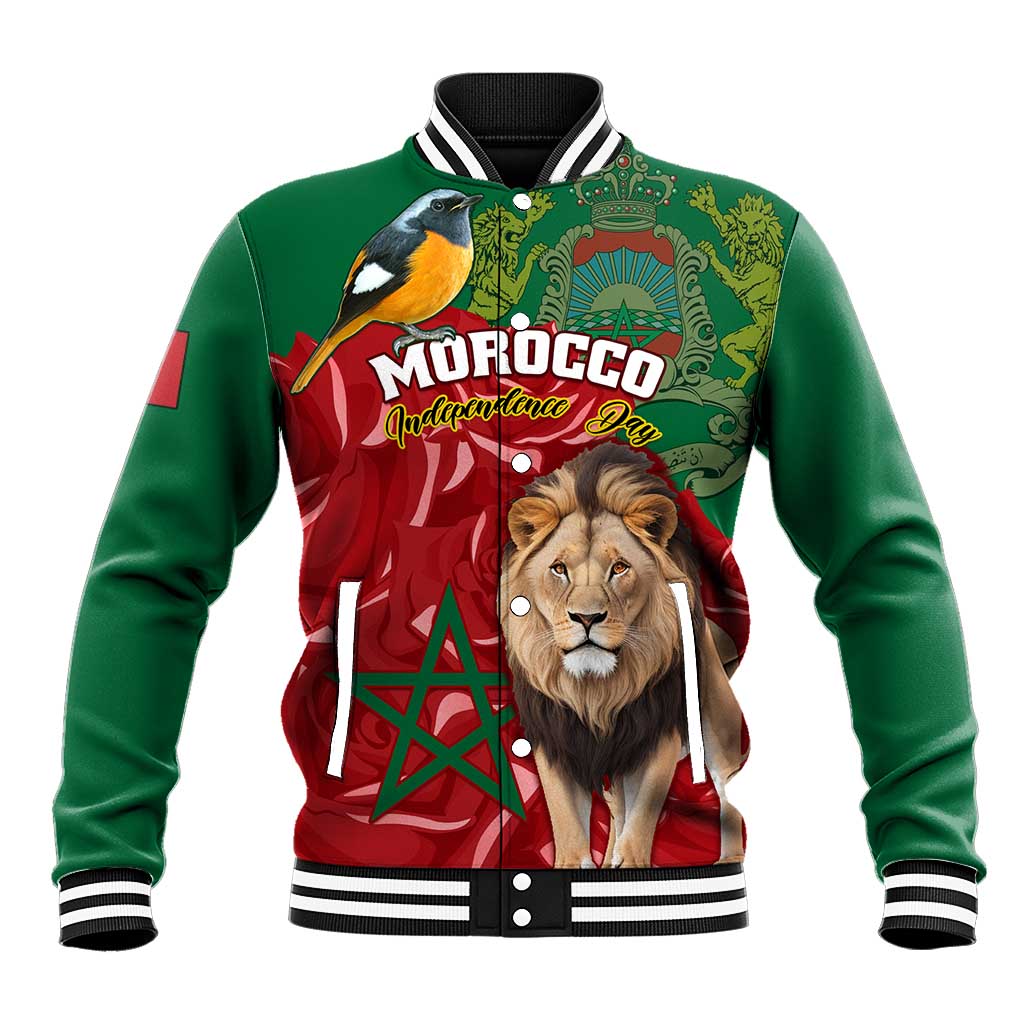 Morocco Independence Day Baseball Jacket with Barbary Lion and Moussier's Redstart LT01