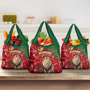 Morocco Independence Day Grocery Bag with Barbary Lion and Moussier's Redstart