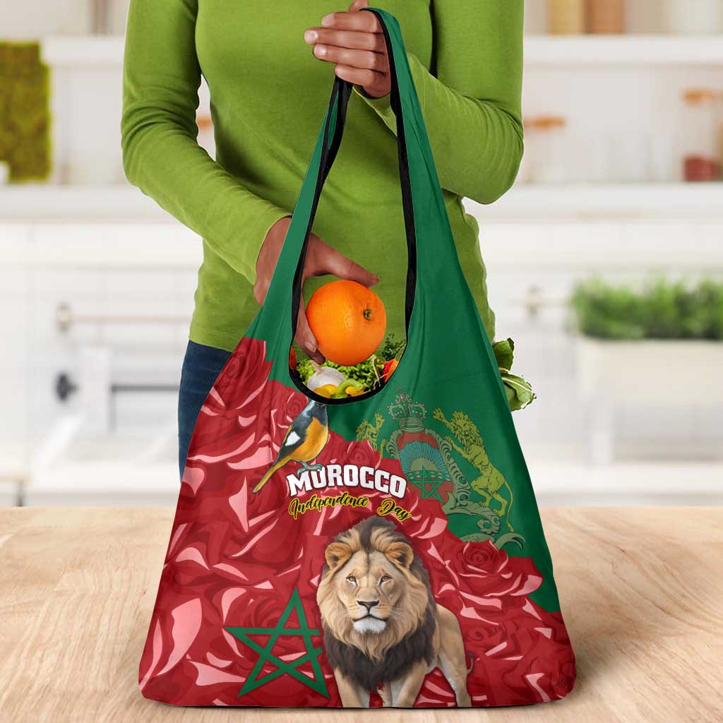 Morocco Independence Day Grocery Bag with Barbary Lion and Moussier's Redstart