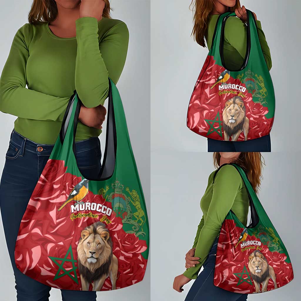 Morocco Independence Day Grocery Bag with Barbary Lion and Moussier's Redstart