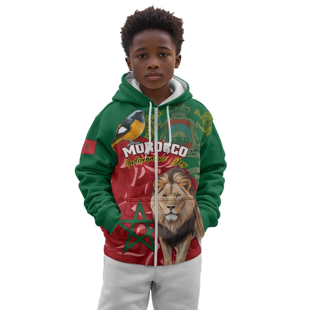 Morocco Independence Day Kid Hoodie with Barbary Lion and Moussier's Redstart