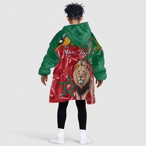 Morocco Independence Day KId Wearable Blanket Hoodie with Barbary Lion and Moussier's Redstart