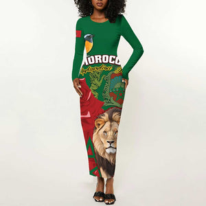 Morocco Independence Day Long Sleeve Bodycon Dress with Barbary Lion and Moussier's Redstart LT01