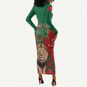 Morocco Independence Day Long Sleeve Bodycon Dress with Barbary Lion and Moussier's Redstart LT01