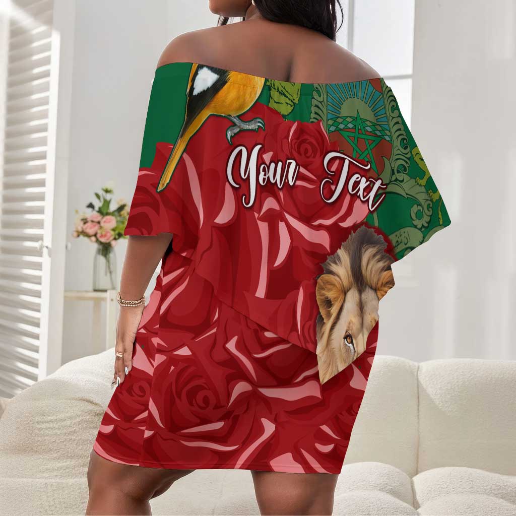 Morocco Independence Day Off Shoulder Short Dress with Barbary Lion and Moussier's Redstart LT01