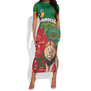 Morocco Independence Day Short Sleeve Bodycon Dress with Barbary Lion and Moussier's Redstart LT01