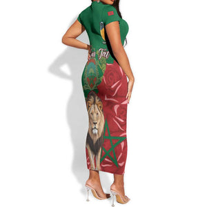 Morocco Independence Day Short Sleeve Bodycon Dress with Barbary Lion and Moussier's Redstart LT01