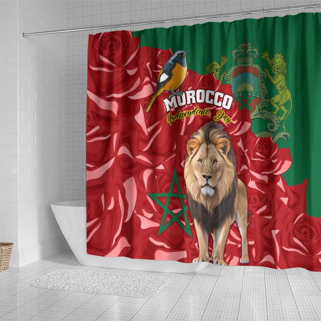 Morocco Independence Day Shower Curtain with Barbary Lion and Moussier's Redstart