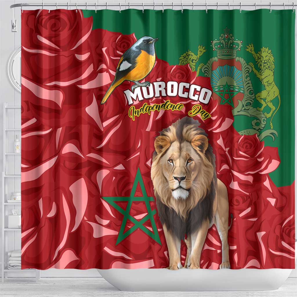 Morocco Independence Day Shower Curtain with Barbary Lion and Moussier's Redstart