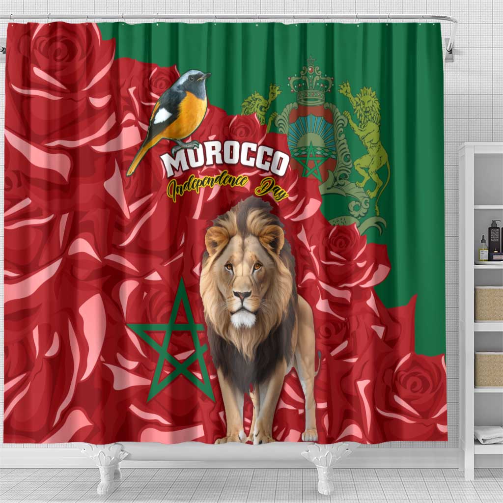 Morocco Independence Day Shower Curtain with Barbary Lion and Moussier's Redstart